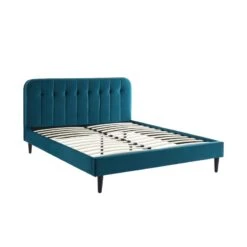 Lit Double ANDRE Velours Bleu Paon 160x200 Sommier Inclus -Maison Jardin Élégance andre160bup lit 160 velours sommier 160200cm velours bleu paon 3