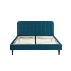 Lit Double ANDRE Velours Bleu Paon 160x200 Sommier Inclus -Maison Jardin Élégance andre160bup lit 160 velours sommier 160200cm velours bleu paon 4