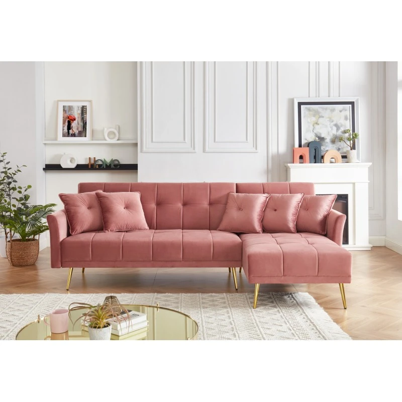 Canapé D'angle AROMA Convertible Velours Vieux Rose 5 Places 1 Canapé D'angle AROMA Convertible Velours Vieux Rose 5 Places