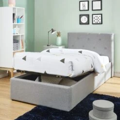 Lit Coffre Enfant BAHIA Tissu Gris 90x190 Sommier Inclus