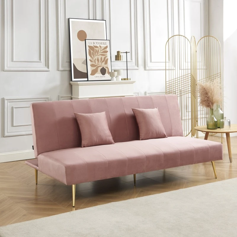 Banquette LINA Convertible Velours Rose Poudré 3 Places 1 Banquette LINA Convertible Velours Rose Poudré 3 Places