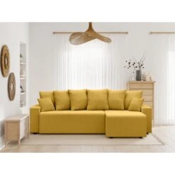 Canapé D'angle ALMA Convertible Velours Côtelé Jaune 4 Places