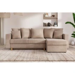 Canapé D'angle KRISTI Convertible Velours Côtelé Grège 4 Places