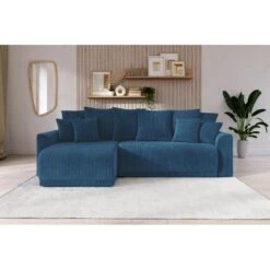 Canapé D'angle NOVA Convertible Velours Côtelé Bleu Cobalt 4 Places