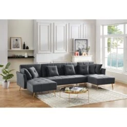 Canapé Panoramique AROMA Convertible En Velours Anthracite 6 Places -Maison Jardin Élégance canape aroma en velours anthracite version panoramique 7