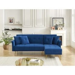 Canapé D'angle AROMA Convertible Velours Bleu 4 Places