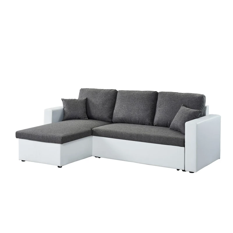 Canapé D'angle ASPEN Convertible, Réversible Et Coffre En Tissu Gris Et PU Blanc 3 Canapé D'angle ASPEN Convertible, Réversible Et Coffre En Tissu Gris Et PU Blanc – Image 3