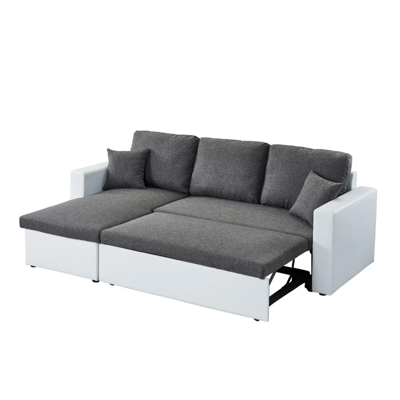Canapé D'angle ASPEN Convertible, Réversible Et Coffre En Tissu Gris Et PU Blanc 4 Canapé D'angle ASPEN Convertible, Réversible Et Coffre En Tissu Gris Et PU Blanc – Image 4
