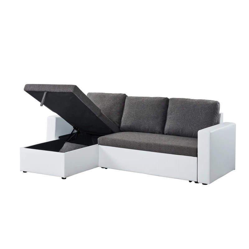 Canapé D'angle ASPEN Convertible, Réversible Et Coffre En Tissu Gris Et PU Blanc 5 Canapé D'angle ASPEN Convertible, Réversible Et Coffre En Tissu Gris Et PU Blanc – Image 5