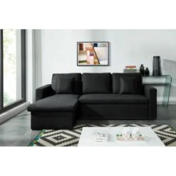Canapé D'angle ASPEN Convertible, Réversible Et Coffre En Tissu Noir