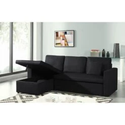 Canapé D'angle ASPEN Convertible, Réversible Et Coffre En Tissu Noir -Maison Jardin Élégance canape d angle aspen convertible reversible et coffre en tissu noir 4
