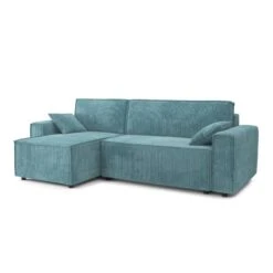 Canapé D'angle MIRA Convertible Et Réversible Velours Côtelé Bleu -Maison Jardin Élégance canape d angle mira convertible et reversible velours cotele bleu 4 places 2