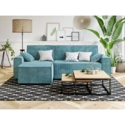 Canapé D'angle MIRA Convertible Et Réversible Velours Côtelé Bleu