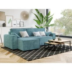 Canapé D'angle MIRA Convertible Et Réversible Velours Côtelé Bleu -Maison Jardin Élégance canape d angle mira convertible et reversible velours cotele bleu 4 places 5