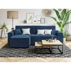 Canapé D'angle MIRA Convertible Et Réversible Velours Côtelé Bleu Cobalt