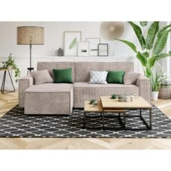 Canapé D'angle MIRA Convertible Et Réversible Velours Côtelé Grège