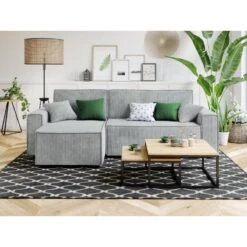 Canapé D'angle MIRA Convertible Et Réversible Velours Côtelé Gris Clair