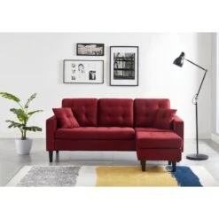 Canapé D'angle MIRISA En Velours Grenat Pieds Bois 4 Places Et 2 Coussins Inclus