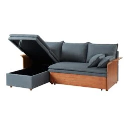 Canapé D'angle WOOD En Tissu Gris 4 Places Réversible Convertible Coffre -Maison Jardin Élégance canape d angle wood tissu gris 4 places reversible convertible coffr 2