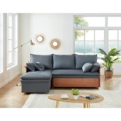Canapé D'angle WOOD En Tissu Gris 4 Places Réversible Convertible Coffre