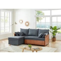 Canapé D'angle WOOD En Tissu Gris 4 Places Réversible Convertible Coffre -Maison Jardin Élégance canape d angle wood tissu gris 4 places reversible convertible coffr 5