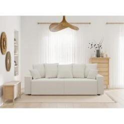 Canapé Droit ALMA Convertible Tissu Bouclette Blanc 3 Places