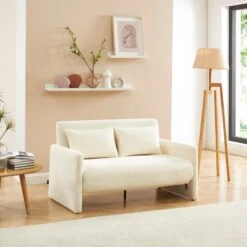 Canapé Droit JADE En Tissu Bouclette Beige Convertible 2 Places