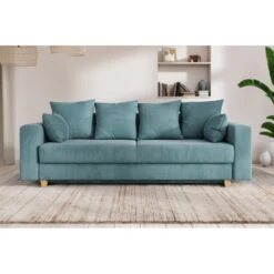 Canapé Droit KRISTI Convertible Velours Côtelé Bleu Clair 3 Places