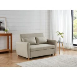 Canapé Droit LAURA En Tissu Beige Convertible 2 Places