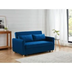 Canapé Droit LAURA En Velours Bleu Convertible 3 Places