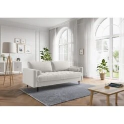 Canapé Droit MAEL Cacharel En Velours Beige Fixe -Maison Jardin Élégance canape droit mael cacharel velours beige 3 places 4