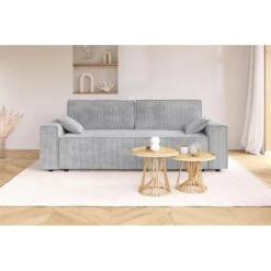 Canapé Droit MARIUS Convertible Velours Côtelé Gris Clair