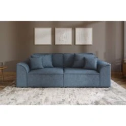 Canapé Droit MARTY Fixe Tissu Bouclette Bleu Gris 3 Places
