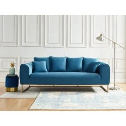 Canapé Droit VICTORIA Fixe Velours Bleu 3 Places