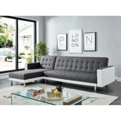 Canapé LUXURY XL Convertible Et Réversible PU Blanc Tissu Gris -Maison Jardin Élégance canape luxury xl convertible et reversible pu blanc tissu gris 2