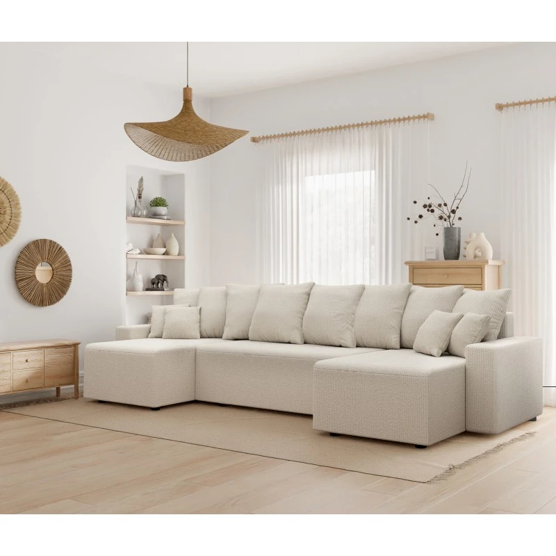 Canapé Panoramique ALMA Convertible Velours Côtelé Beige 6 Places 9 Canapé Panoramique ALMA Convertible Velours Côtelé Beige 6 Places – Image 9