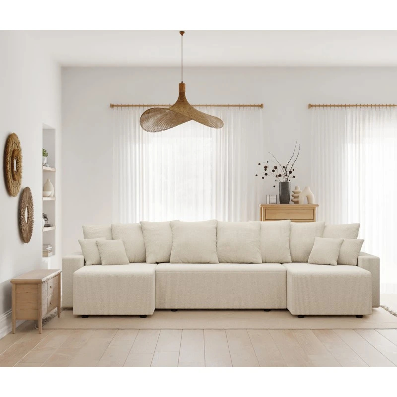 Canapé Panoramique ALMA Convertible Velours Côtelé Beige 6 Places 1 Canapé Panoramique ALMA Convertible Velours Côtelé Beige 6 Places