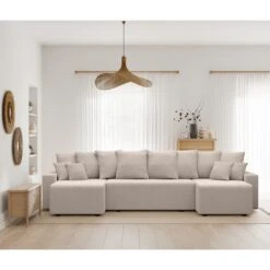 Canapé Panoramique ALMA Convertible Velours Côtelé Grège 6 Places