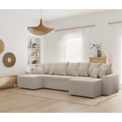 Canapé Panoramique ALMA Convertible Velours Côtelé Grège 6 Places -Maison Jardin Élégance canape panoramique alma convertible velours cotele grege 6 places 8