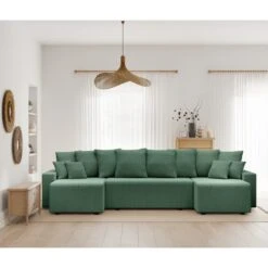 Canapé Panoramique ALMA Convertible Velours Côtelé Vert 6 Places