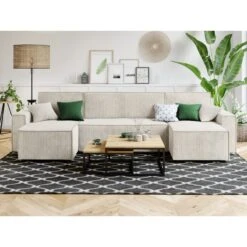 Canapé Panoramique MIRA Convertible Velours Côtelé Beige 6 Places