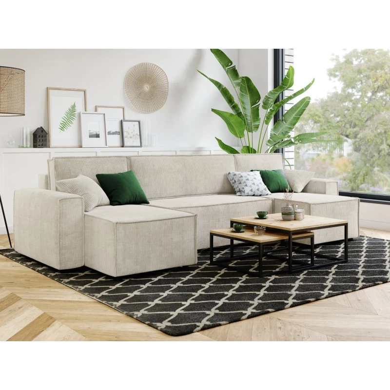 Canapé Panoramique MIRA Convertible Velours Côtelé Beige 6 Places 7 Canapé Panoramique MIRA Convertible Velours Côtelé Beige 6 Places – Image 7