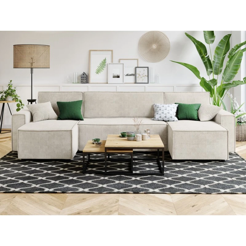 Canapé Panoramique MIRA Convertible Velours Côtelé Beige 6 Places 1 Canapé Panoramique MIRA Convertible Velours Côtelé Beige 6 Places