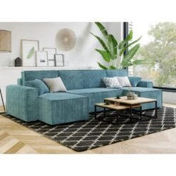 Canapé Panoramique MIRA Convertible Velours Côtelé Bleu 6 Places -Maison Jardin Élégance canape panoramique mira convertible velours cotele bleu 5 places 6