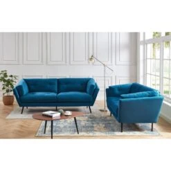 Lot De Canapés THELMA En Velours Bleu Fixe -Maison Jardin Élégance canape thelma 32 velours bleu lot canapes 3places 2places 2