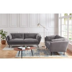 Lot De Canapés THELMA En Velours Girs Fixe -Maison Jardin Élégance canape thelma 32 velours gris lot canapes 3places 2places 2