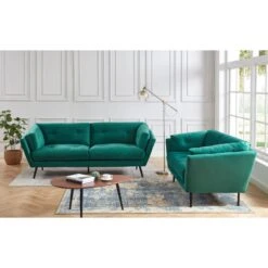 Lot De Canapés THELMA En Velous Vert Fixe -Maison Jardin Élégance canape thelma 32 velours vert lot canapes 3places 2places 2