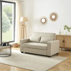 Canapé Droit LENA Convertible Tissu Grège 2 Places