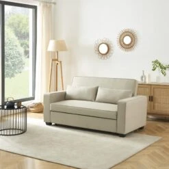 Canapé Droit LENA Convertible Tissu Grège 3 Places