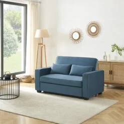 Canapé Droit LENA Convertible Velours Bleu 2 Places